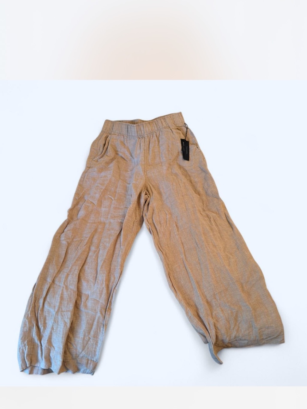 Tahari Light Beige Elastic-Waist Linen Pants